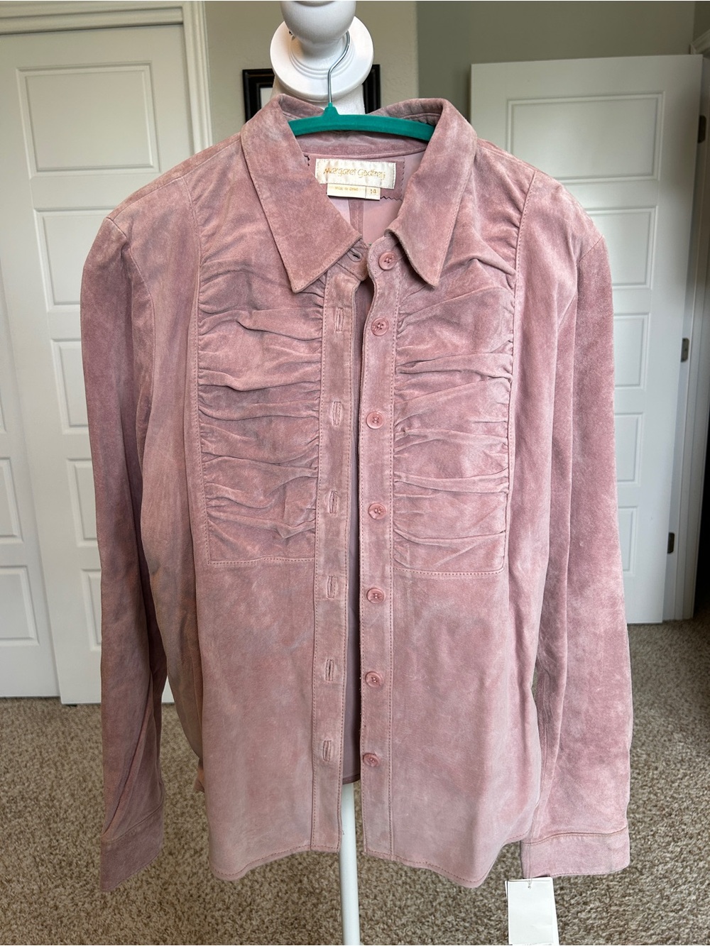 MARGARET GODFREY Suede Leather Mauve Pink Button Down Ruched Jacket Women’s 14